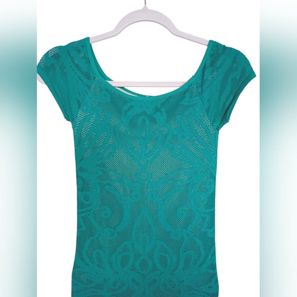 Guess Teal Green Lace Overlay Fitted Feminine Dress SZ XS/S - Picture 2 of 5